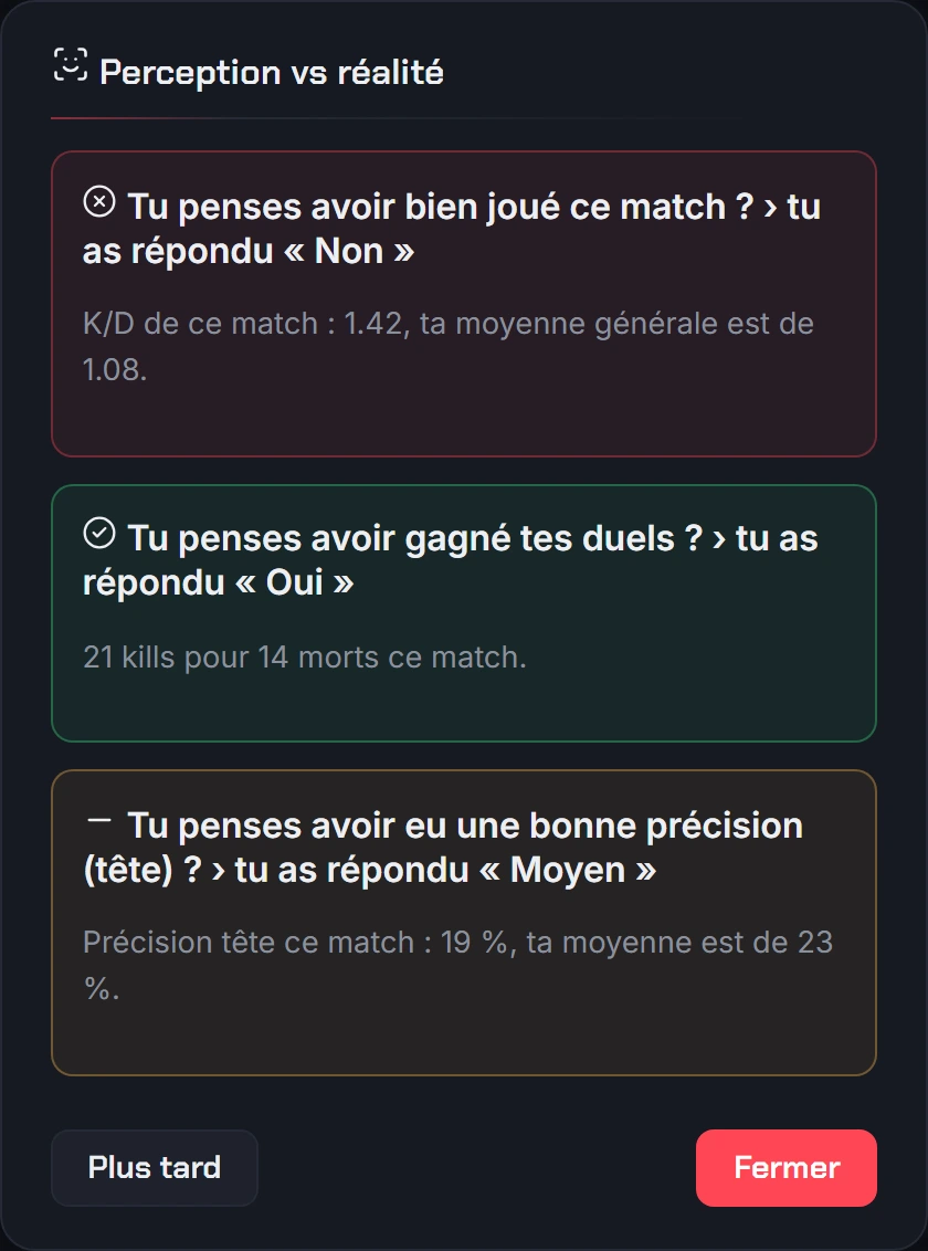 Écran Double check post-match de MVP Tracker